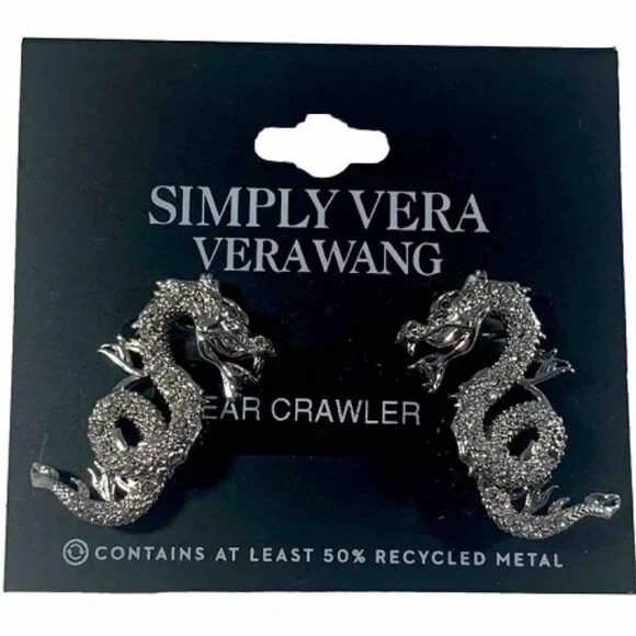 VERA WANG Goth Game of Thrones Dragon Silver/Clear Crystal Ear Crawlers Earrings - Picture 3 of 3